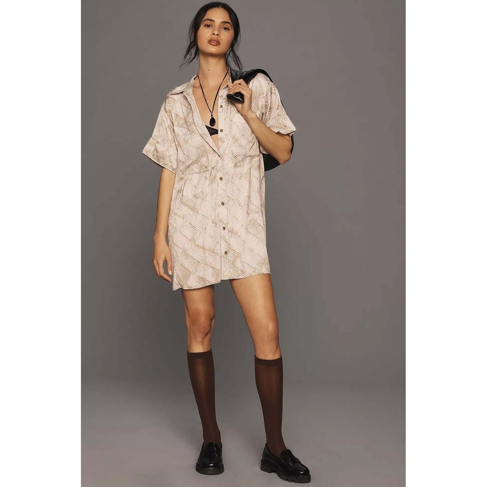 Anthropologie Resort Coastal Beachy Silky‎ Surf Shirt Dress Women's Small Retro